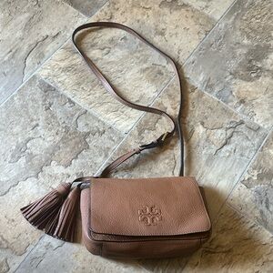 Tory Burch Tan Pebbled Leather Crossbody with Tassel